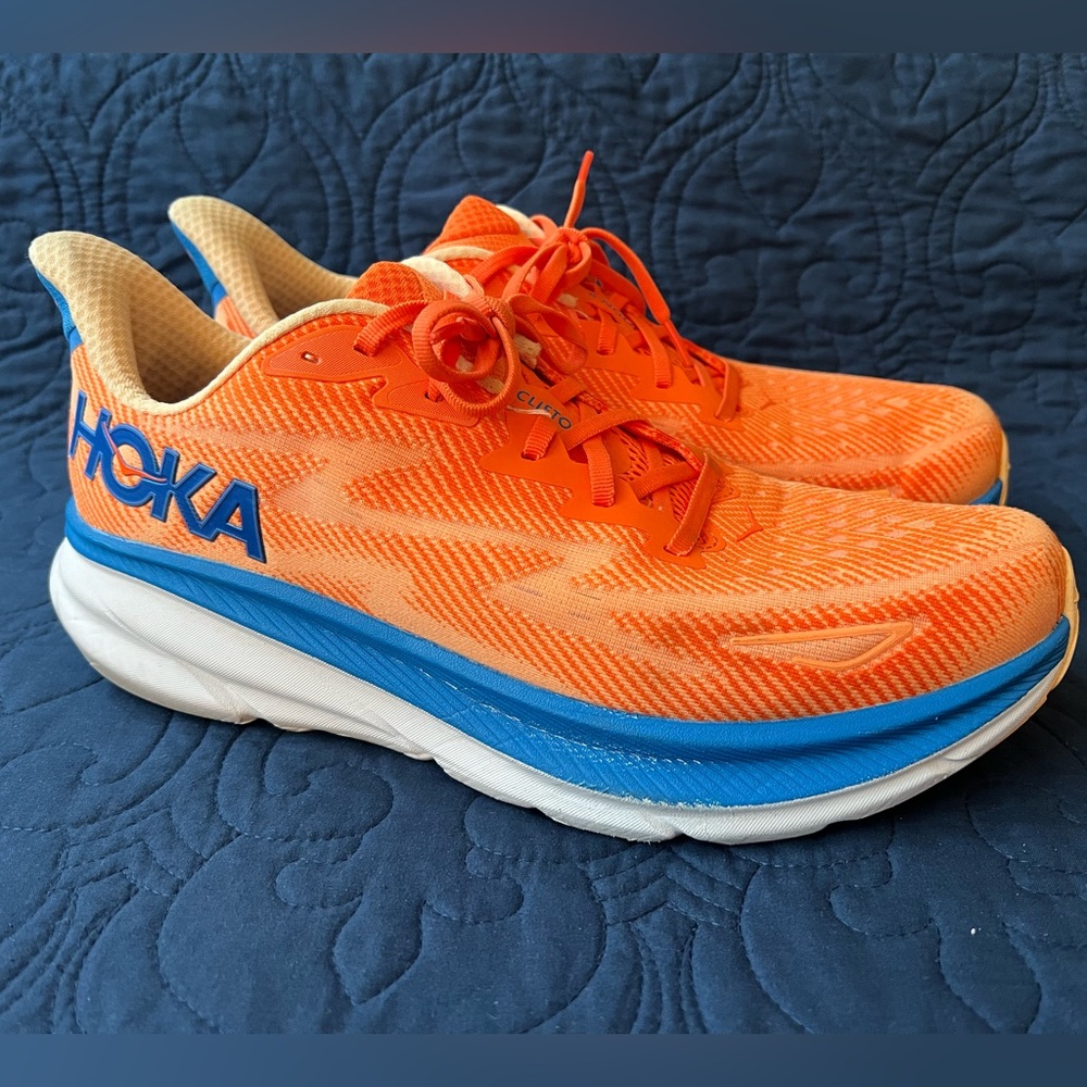 Hoka Clifton 9, Size 12 - Orange, Blue, & White
